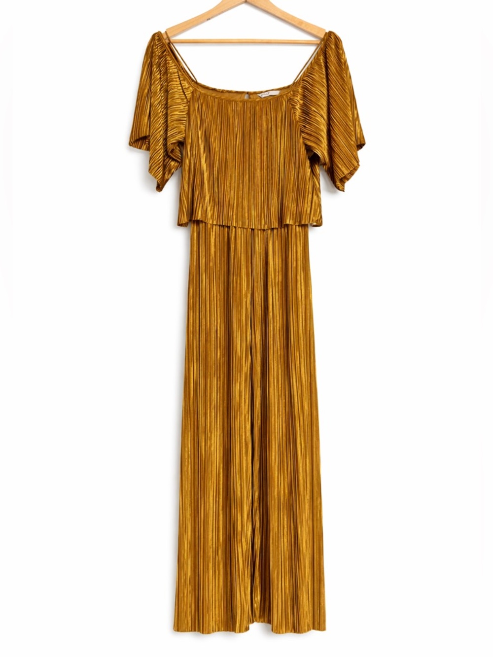 Metallic Gold Pleated Jumpsuit Off Shoulder Wide Leg Party Evening Glam - Picture 2 of 6